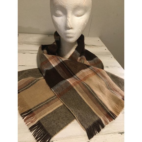 Brown tan cream plaid 11”x52” scarf with fringe - Picture 3 of 5